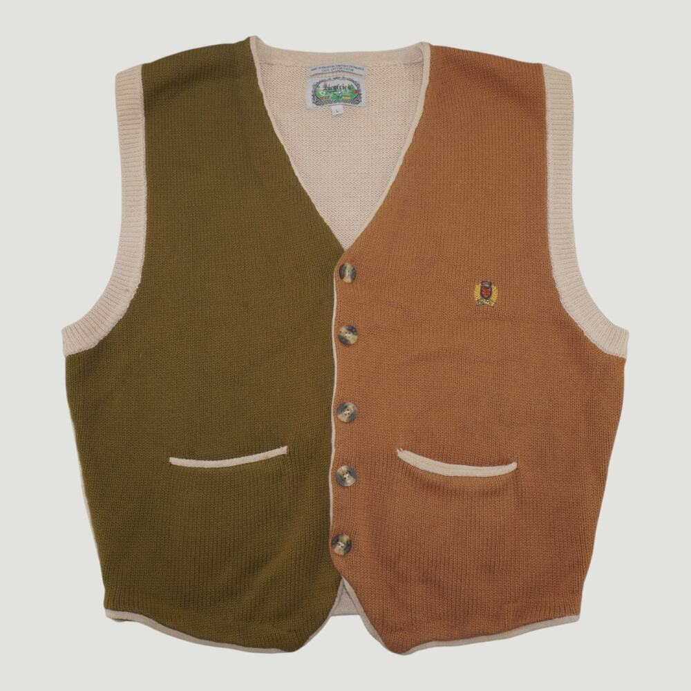 Vintage Sieckfried Colorblock Knit Sweater Vest Mens Large Cotton Button Front